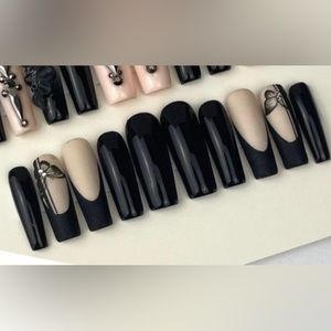 Long square black press on nails French tips butterflies rhinestones matte gel
